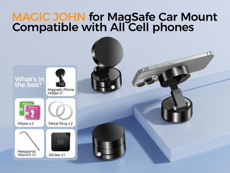 MAGIC JOHN 360° Magnetic Phone Holder Strong Magnetic Grip, Anti-Slip Base & Foldable Design for Car, Home & Travel