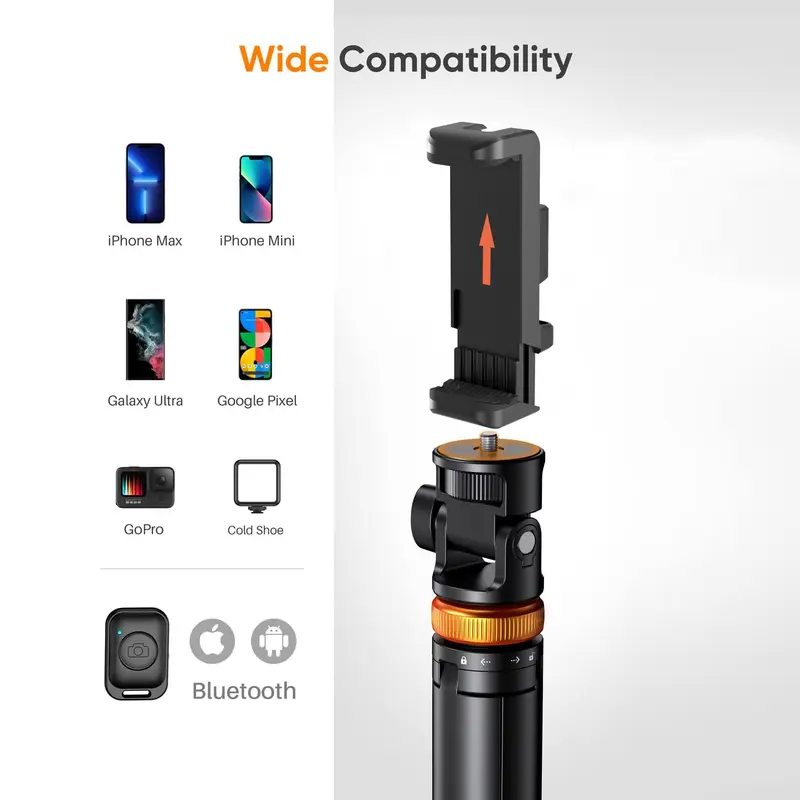 61" Phone Tripod for iPhone/Android & Selfie Stick with Remote, Upgraded Stand, Compatible with iPhone 16/15/14/13, Travel-Friendly & Stable